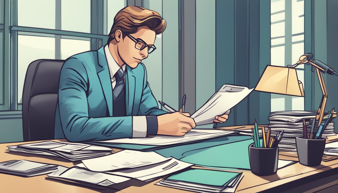 A person signing a loan agreement at a desk with scattered bills and a worried expression
