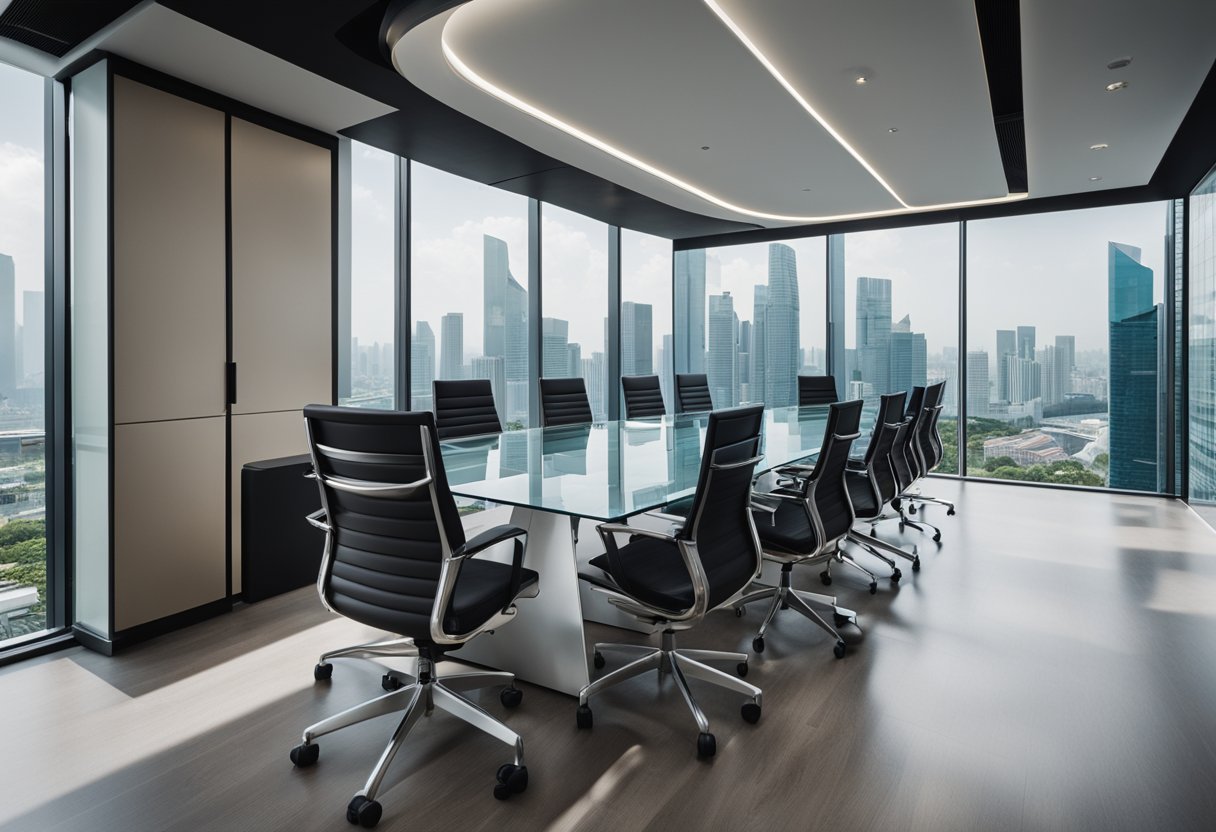 A modern office space in Singapore, with sleek furniture and clean lines. A glass conference room overlooks the city skyline