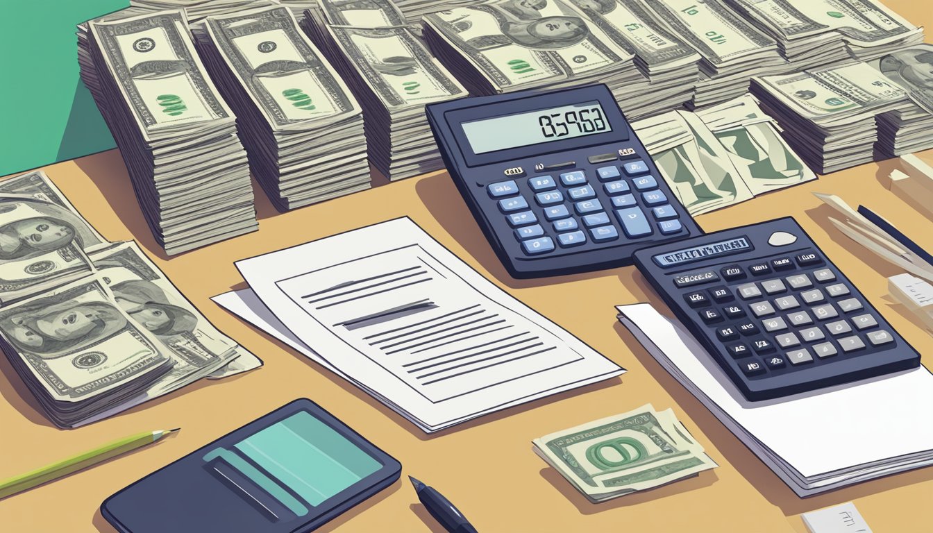 A pile of cash and a calculator on a desk, with a document showing different loan amounts and interest rates