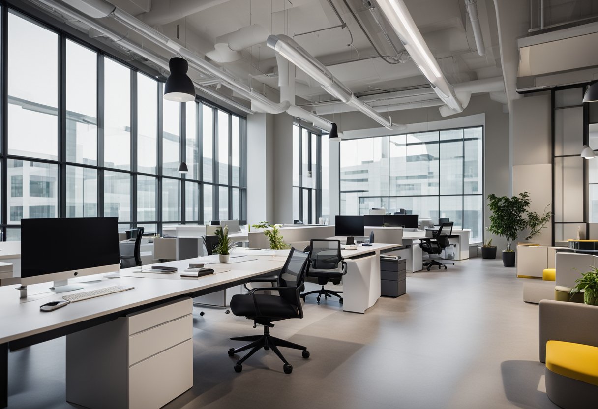 A sleek, modern office space with minimalist furniture and pops of vibrant color. Clean lines and open spaces create a sense of sophistication and professionalism