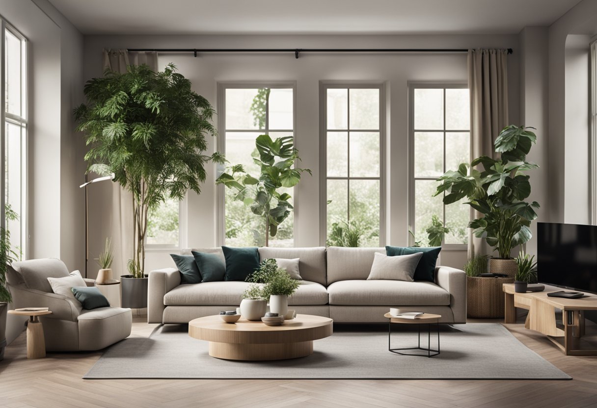 A modern living room with minimalist furniture and a neutral color palette. Large windows let in natural light, and potted plants add a touch of greenery