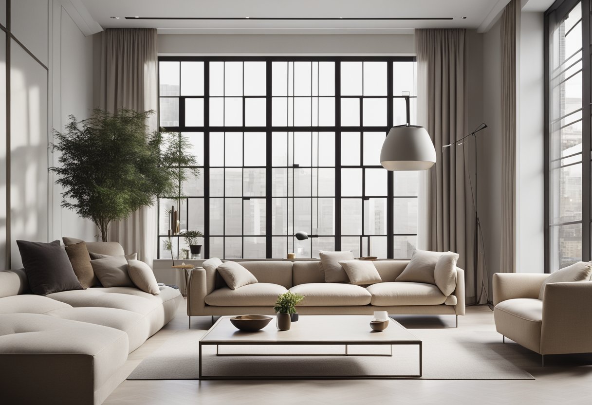 A modern, minimalist space with clean lines, neutral colors, and natural light. Functional furniture and subtle decorative accents create a sense of simplicity and elegance