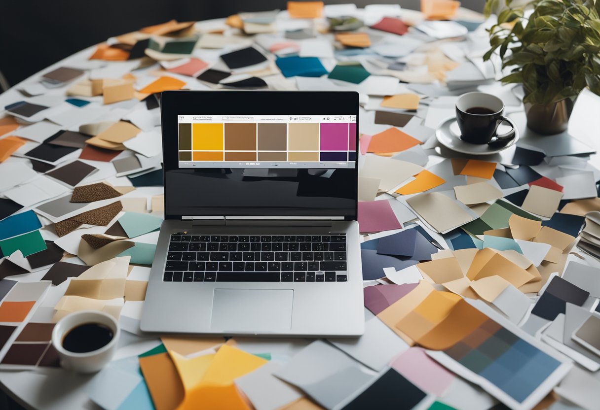 A table covered with fabric swatches, paint chips, and magazine cutouts. A laptop open to a blank canvas, with a cup of coffee nearby