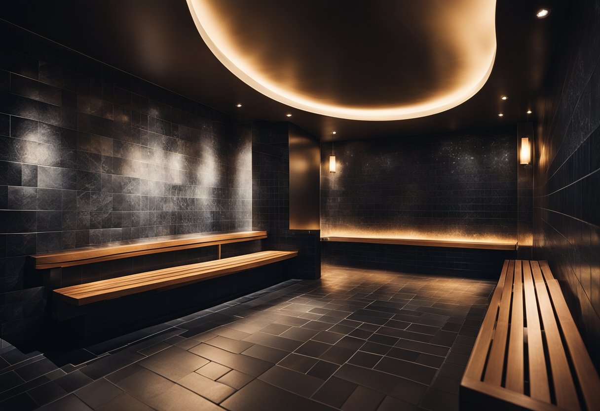 The steam room is lined with sleek, dark tiles, with soft lighting casting a warm glow. A central bench is surrounded by steam, creating an inviting and relaxing atmosphere