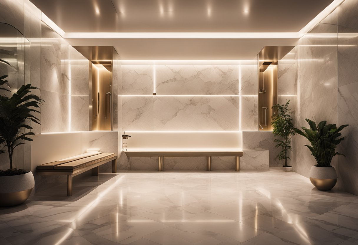 The steam room is filled with luxurious marble walls and benches, surrounded by soothing LED lighting and equipped with state-of-the-art steam generators