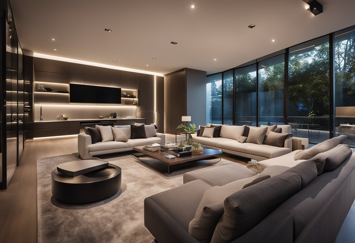 A sleek, modern living room with voice-activated lights, automated blinds, and a central control panel