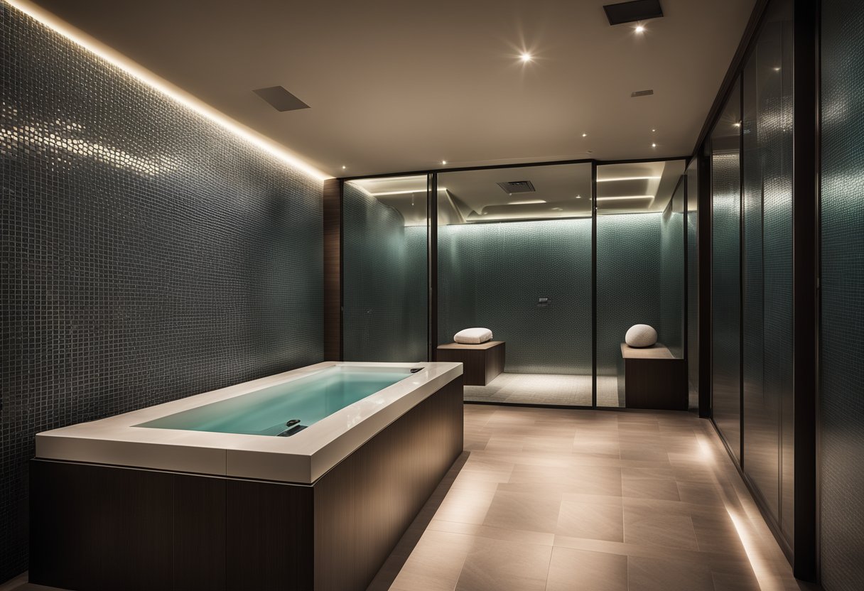 A luxurious steam room with sleek, modern design, featuring elegant tile work, ambient lighting, and a glass door with a frosted design