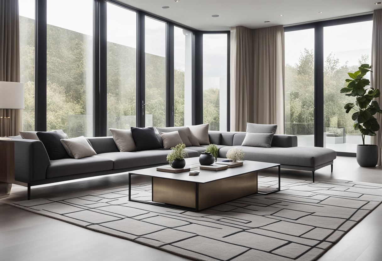 A modern living room with a sleek gray sofa, a geometric patterned rug, and a minimalist coffee table. Large windows let in natural light, highlighting the clean lines and neutral color palette
