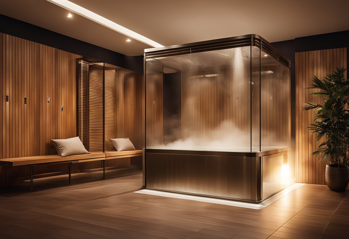 A steam room with sleek, modern design. Glass walls, wooden benches, and soft, ambient lighting. A central steam generator emitting a gentle mist