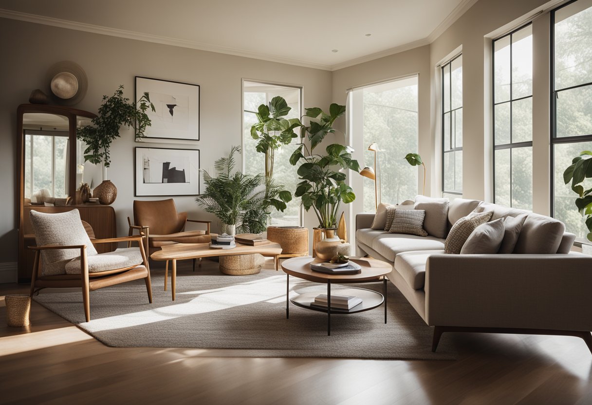 A cozy living room with mid-century modern furniture, a neutral color palette, and plenty of natural light streaming in through large windows