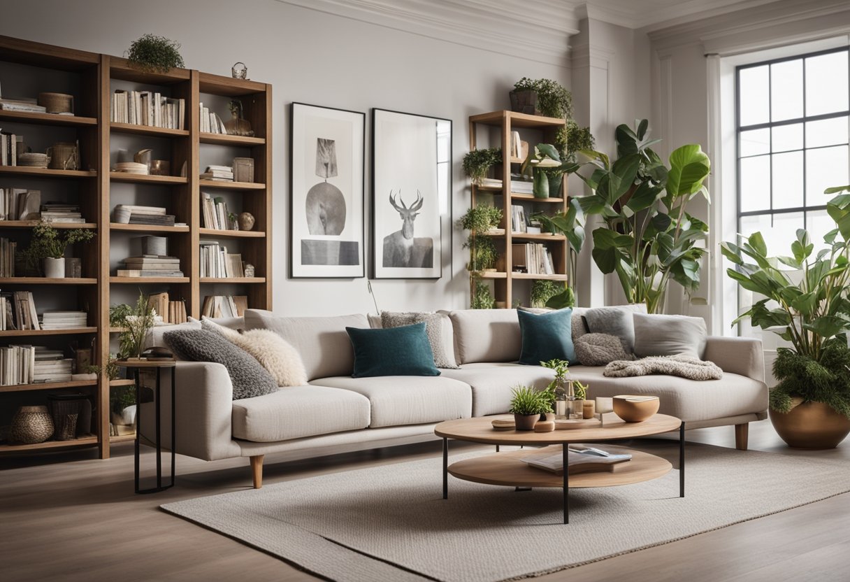 A cozy living room with a modern sofa, coffee table, and plants. A bookshelf filled with design books and a wall with framed interior design sketches