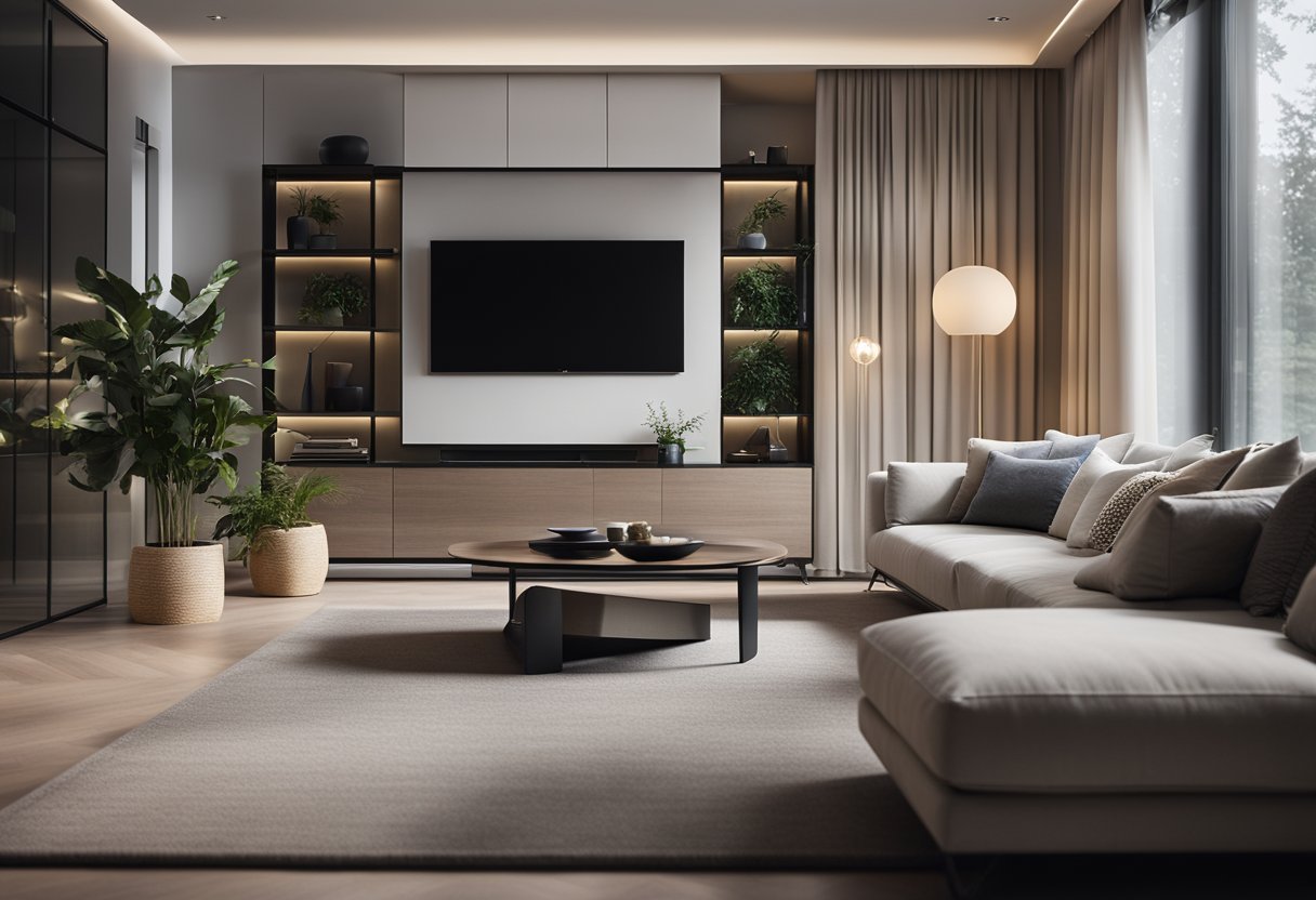 A modern living room with voice-controlled lights, automated blinds, and a sleek digital assistant seamlessly integrated into the design