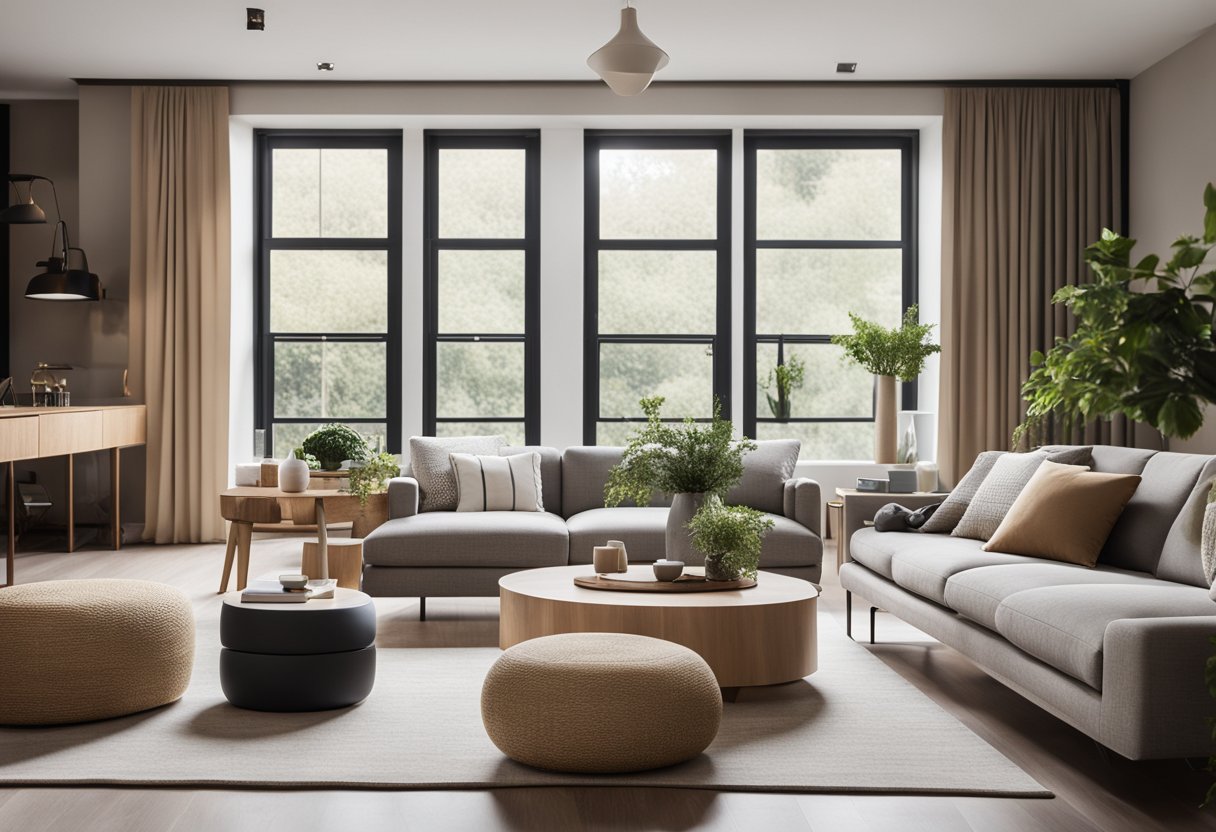 A modern living room with a minimalist color palette, geometric patterns, and natural materials like wood and stone. A mix of textures and sleek furniture create a balanced and inviting space