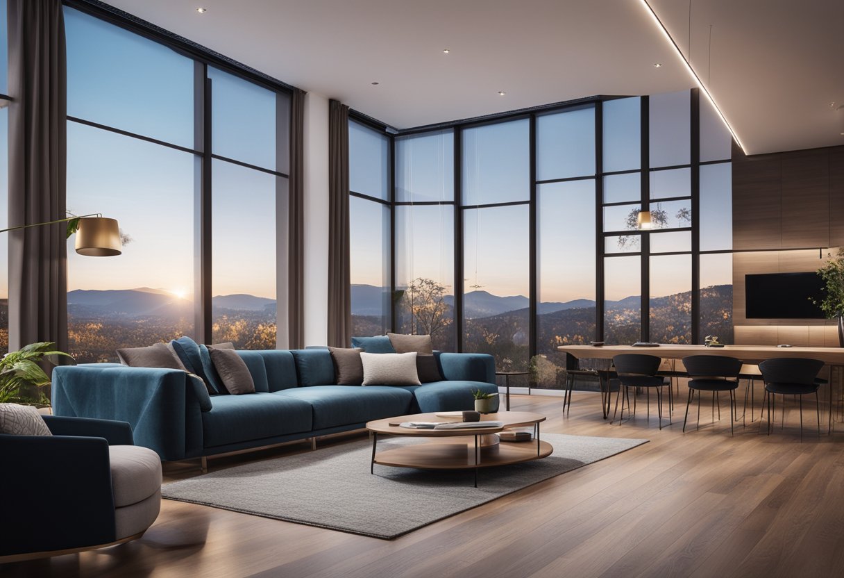 A sleek, modern living room with voice-controlled lights, automated blinds, and a central smart hub for security and entertainment