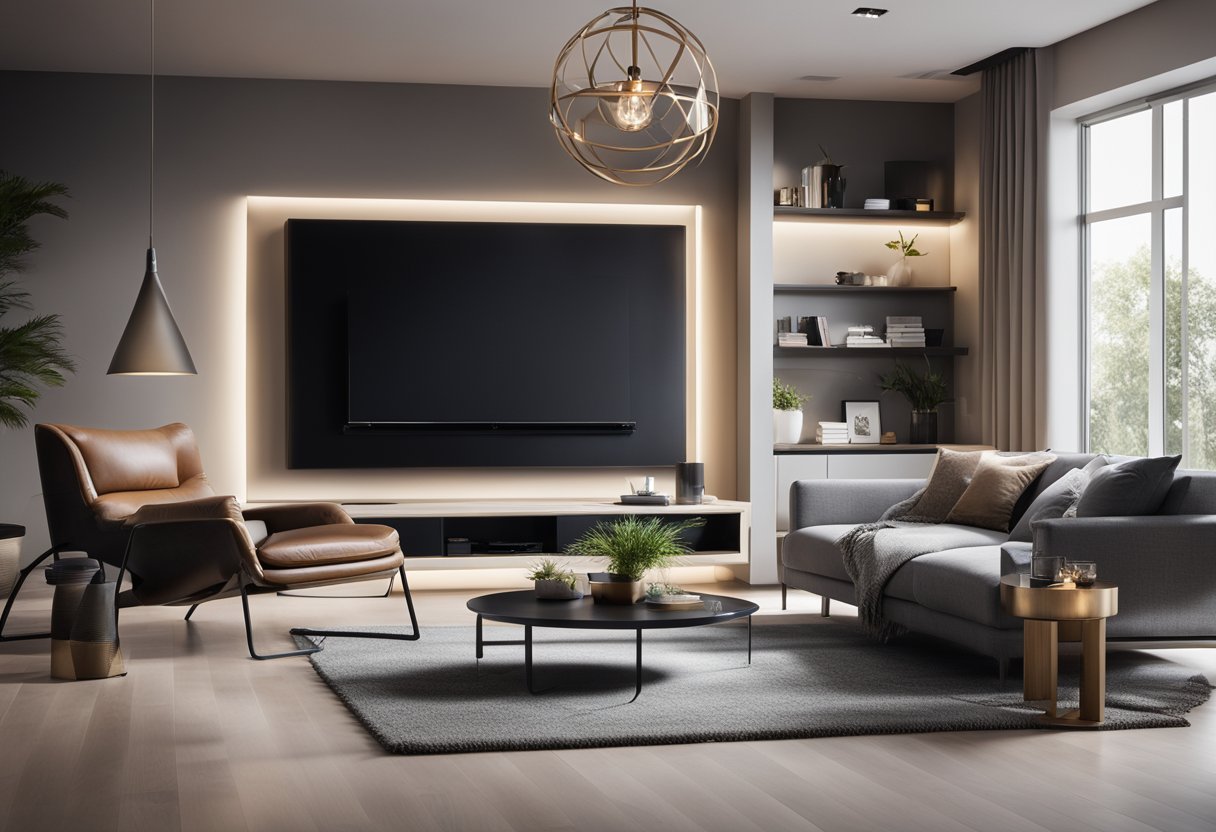 A modern living room with voice-controlled devices, sleek furniture, and integrated smart technology