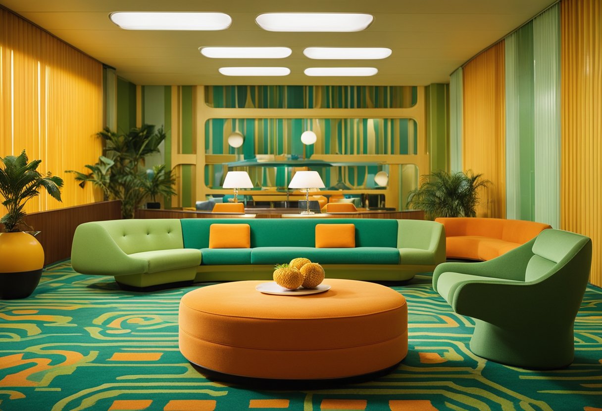 A 1960s interior with bold, geometric patterns, shag carpeting, and sleek, space-age furniture. The color palette is vibrant and includes oranges, greens, and yellows