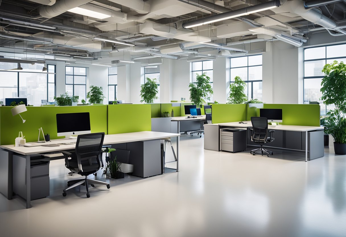 A modern office with open floor plan, ergonomic furniture, and collaborative workspaces. Natural light floods the room, with pops of vibrant colors and greenery. Tech-friendly amenities and sleek design elements promote productivity and creativity
