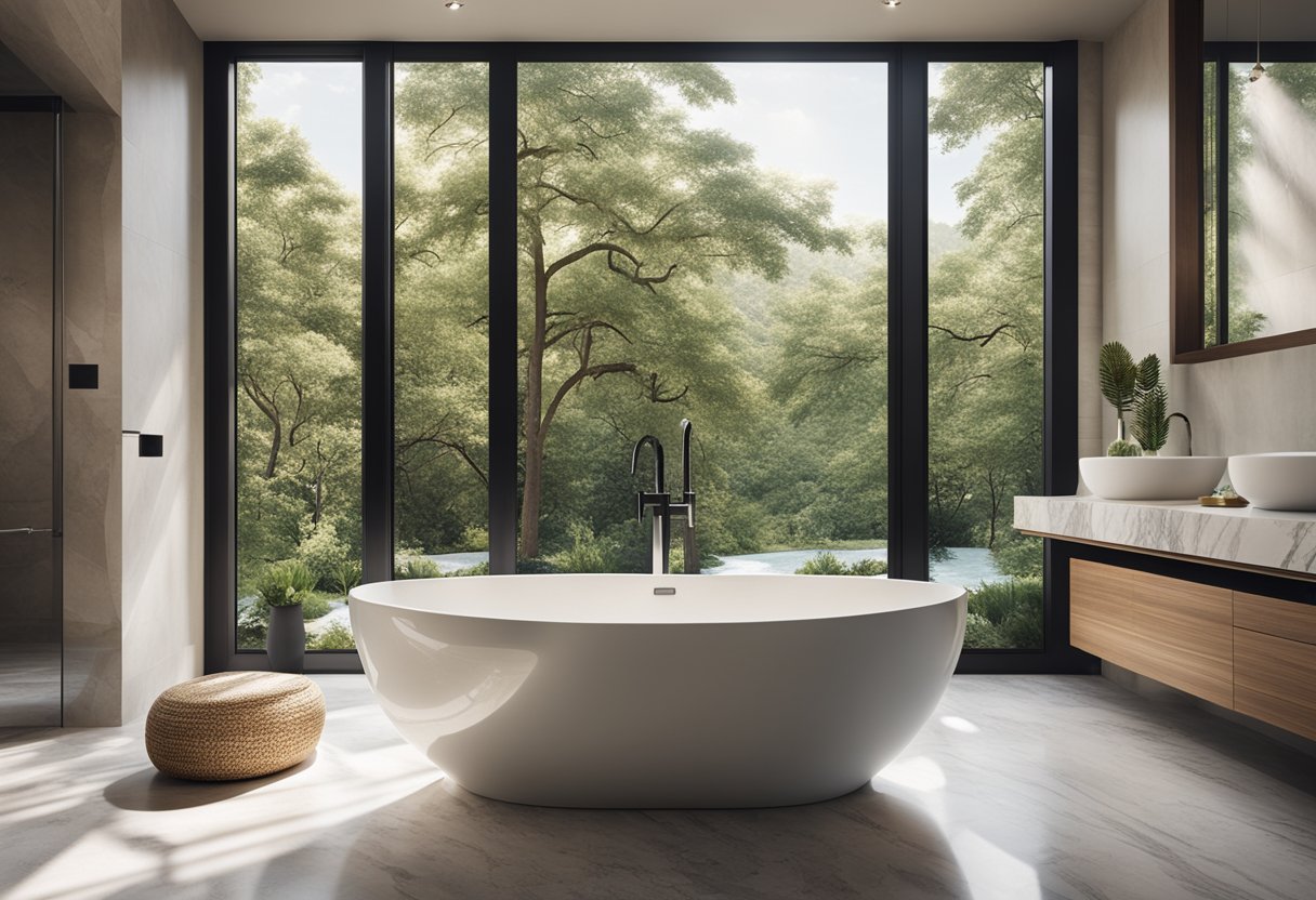 A modern bath interior with a freestanding tub, marble countertops, and a large window with a view of nature