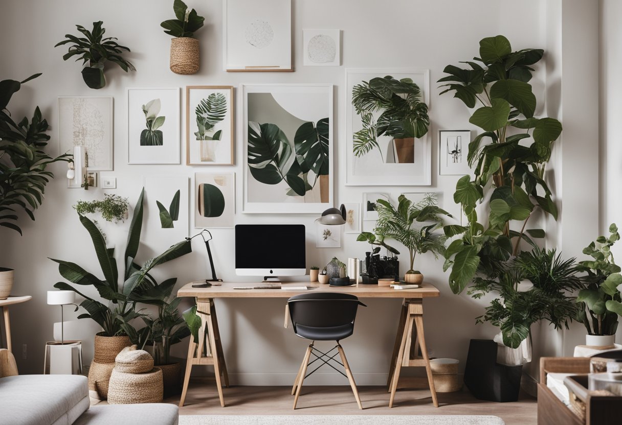 A cozy living room with modern furniture, plants, and art on the walls. A designer's desk with mood boards and swatches
