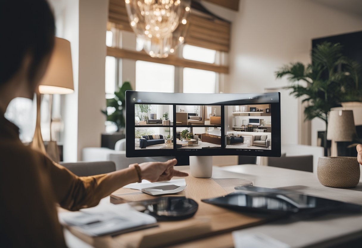 A person browsing through portfolios of interior designers, pointing at a stylish and modern living room design