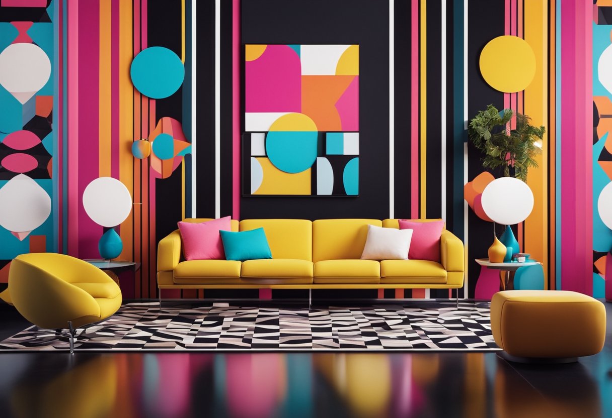 A living room with bold, geometric patterns, shag carpeting, and sleek, space-age furniture in bright, pop art colors