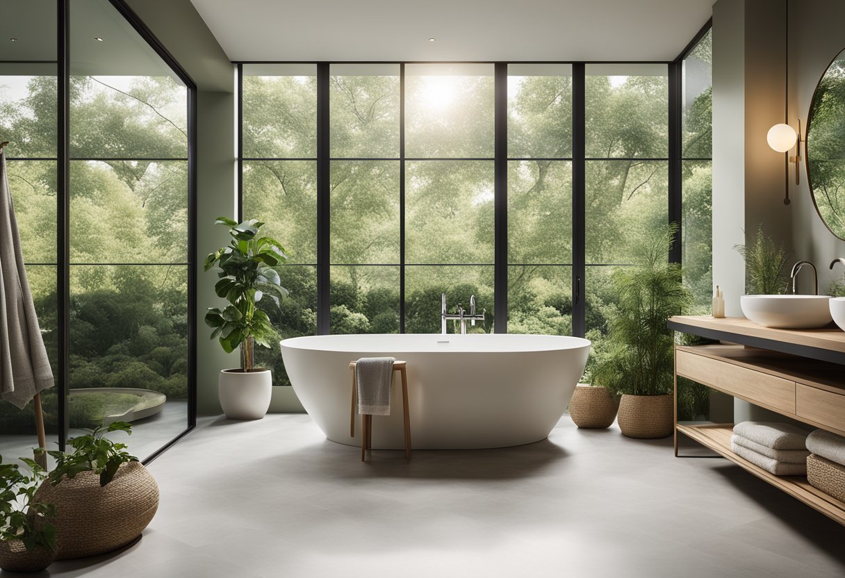 A spacious, modern bathroom with a freestanding bathtub, double vanity, and large windows overlooking a lush garden. The color scheme is soothing and neutral, with pops of greenery and natural materials