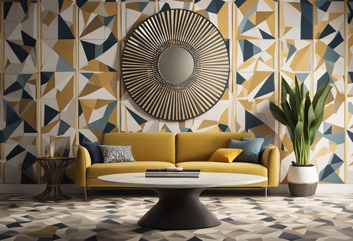 A sunburst mirror hangs above a sleek, low-profile sofa. A tulip table with matching chairs sits nearby. Bold, geometric patterns adorn the walls and floor