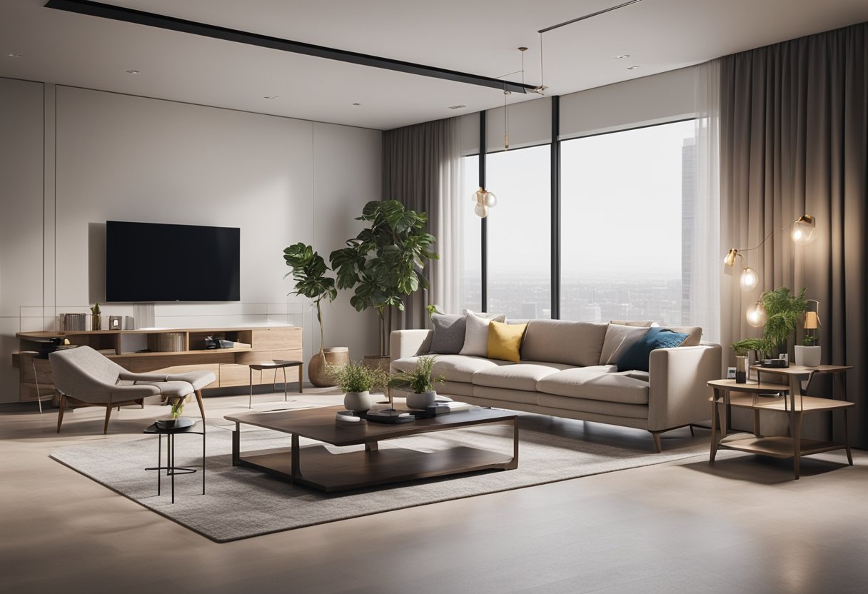 A room with modern furniture arranged in a spacious, well-lit area. Neutral color palette with pops of vibrant accents. Clean lines and minimalistic decor