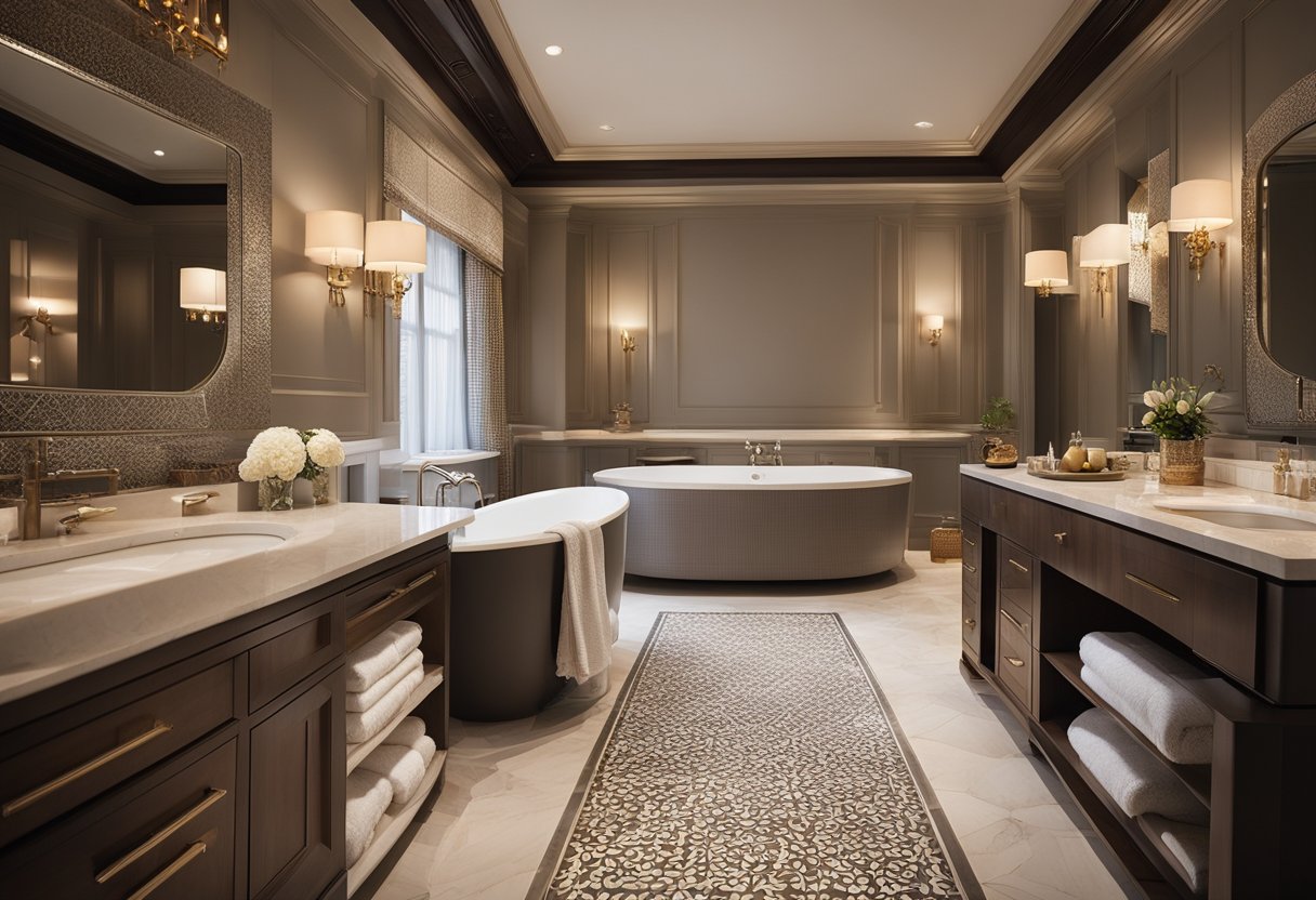 A luxurious bath interior with elegant fixtures, intricate tile work, soft lighting, and plush towels