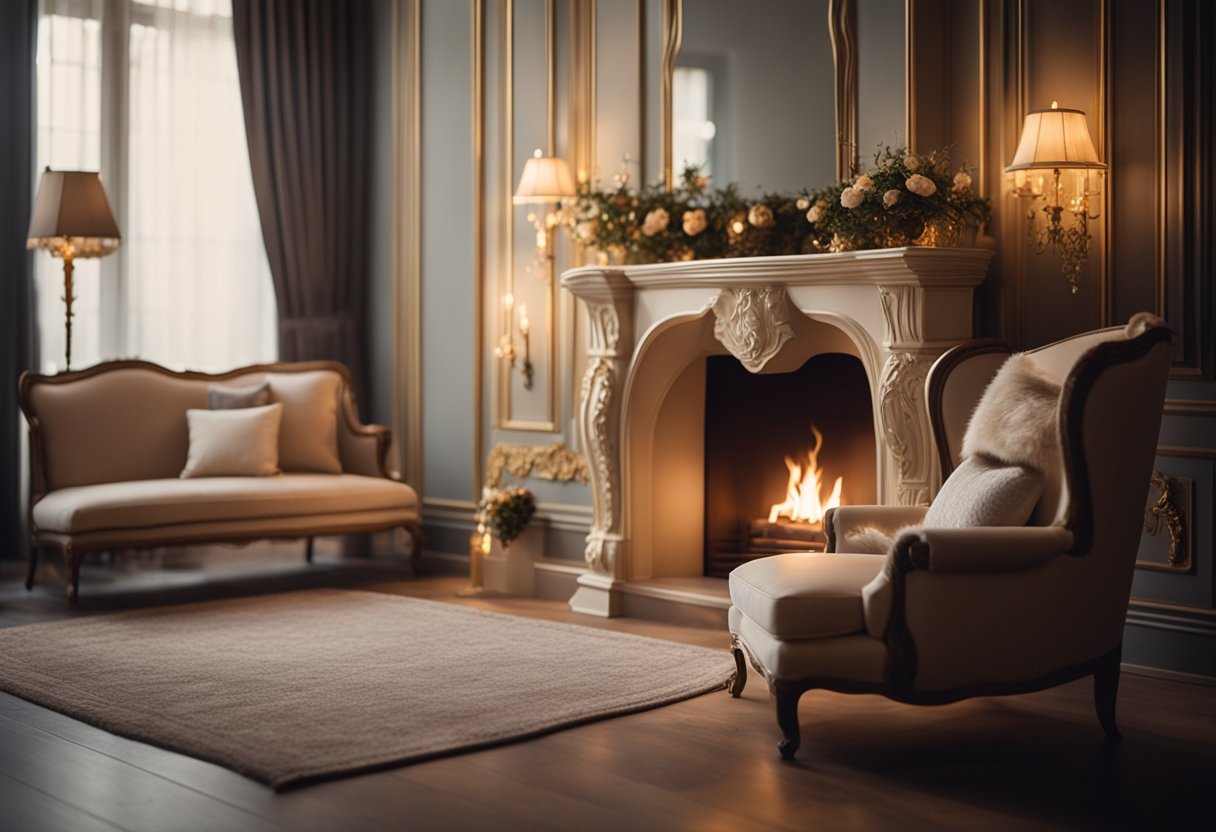 A cozy fairytale interior with ornate furniture, flowing drapes, and soft, warm lighting. A fireplace crackles in the corner, casting a warm glow over the room
