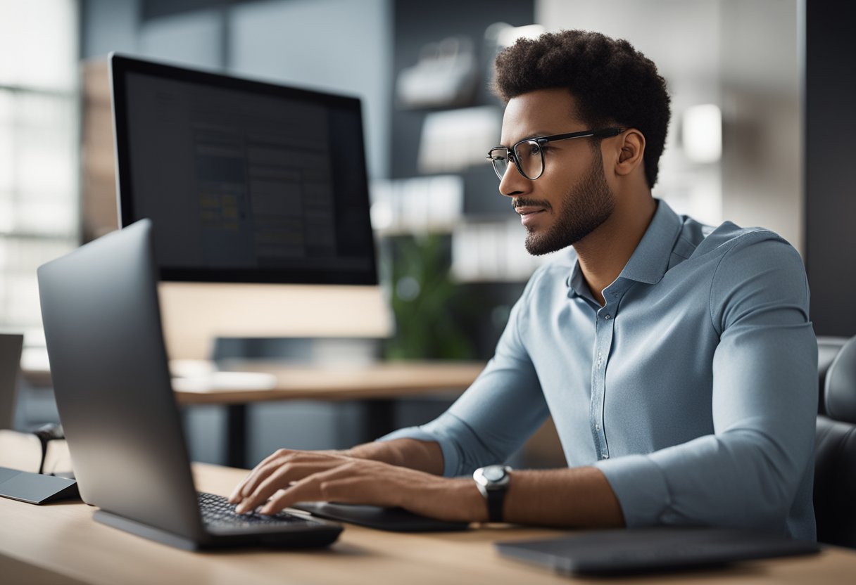 A person sitting at a computer, typing "Frequently Asked Questions find an interior designer" into a search bar