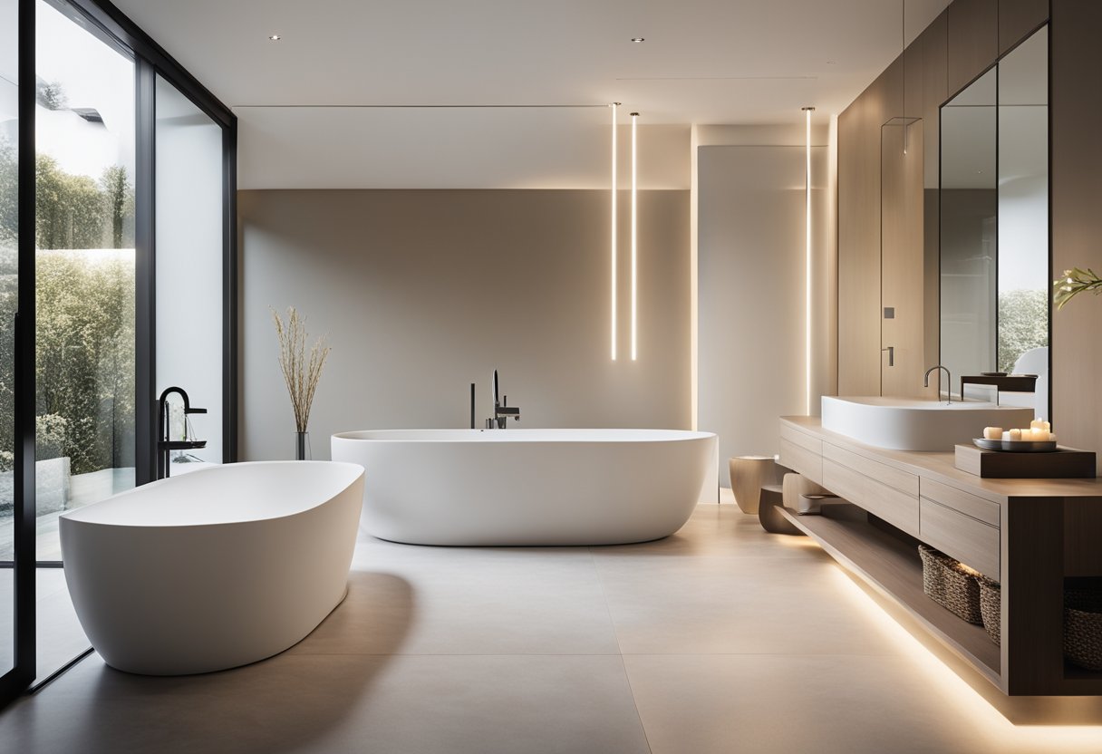 A modern, minimalist bathroom with sleek fixtures and soft, neutral tones. A large, freestanding bathtub takes center stage, surrounded by elegant lighting and clean lines