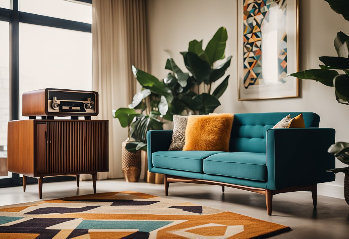 A mid-century living room with sleek furniture, bold colors, and geometric patterns. A record player sits on a teak sideboard, while a shag rug and abstract art complete the retro look