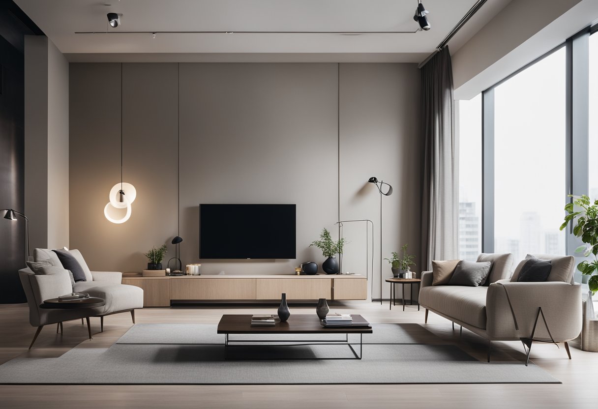 A modern interior space with clean lines, neutral colors, and strategic lighting. Furniture and decor are minimalistic yet functional, creating a sense of openness and sophistication