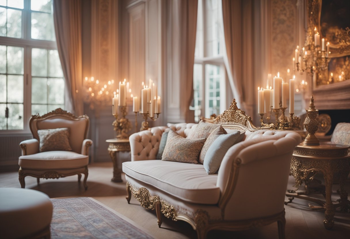 A cozy, candlelit room with ornate furniture, intricate tapestries, and a grand fireplace. Soft, pastel colors and lush fabrics create a dreamy, fairytale atmosphere