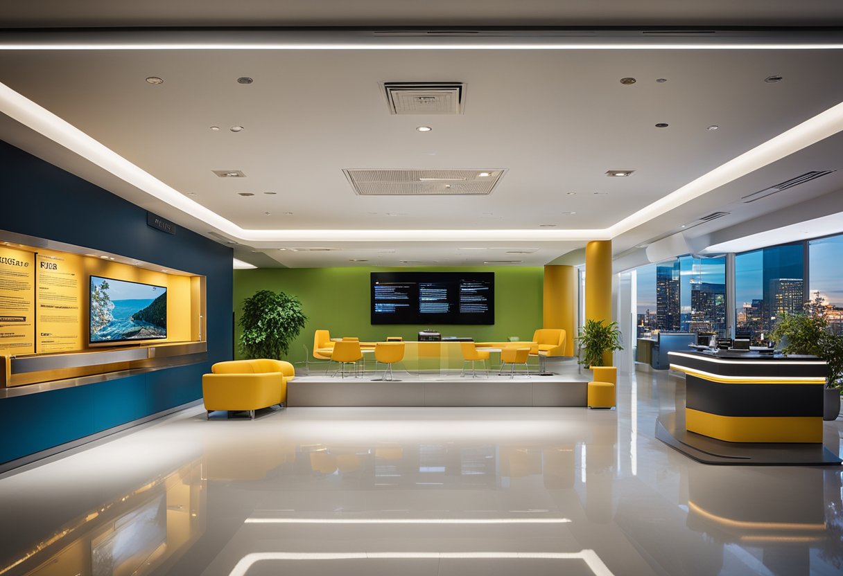 A modern and sleek interior design with interactive displays and vibrant colors. Clear signage and open spaces for easy navigation
