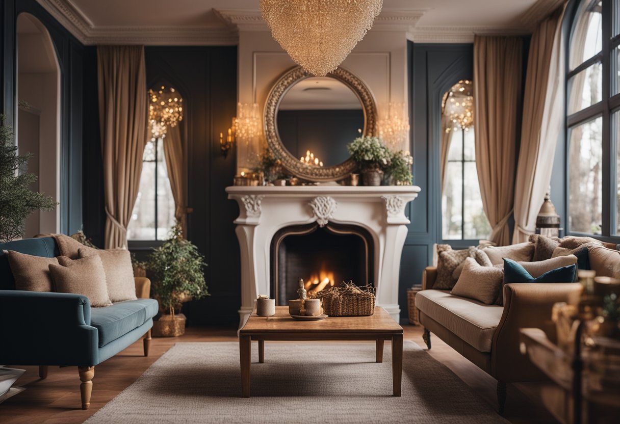 A cozy fairytale interior with a crackling fireplace, ornate furniture, and soft, twinkling lights creating a warm and magical atmosphere
