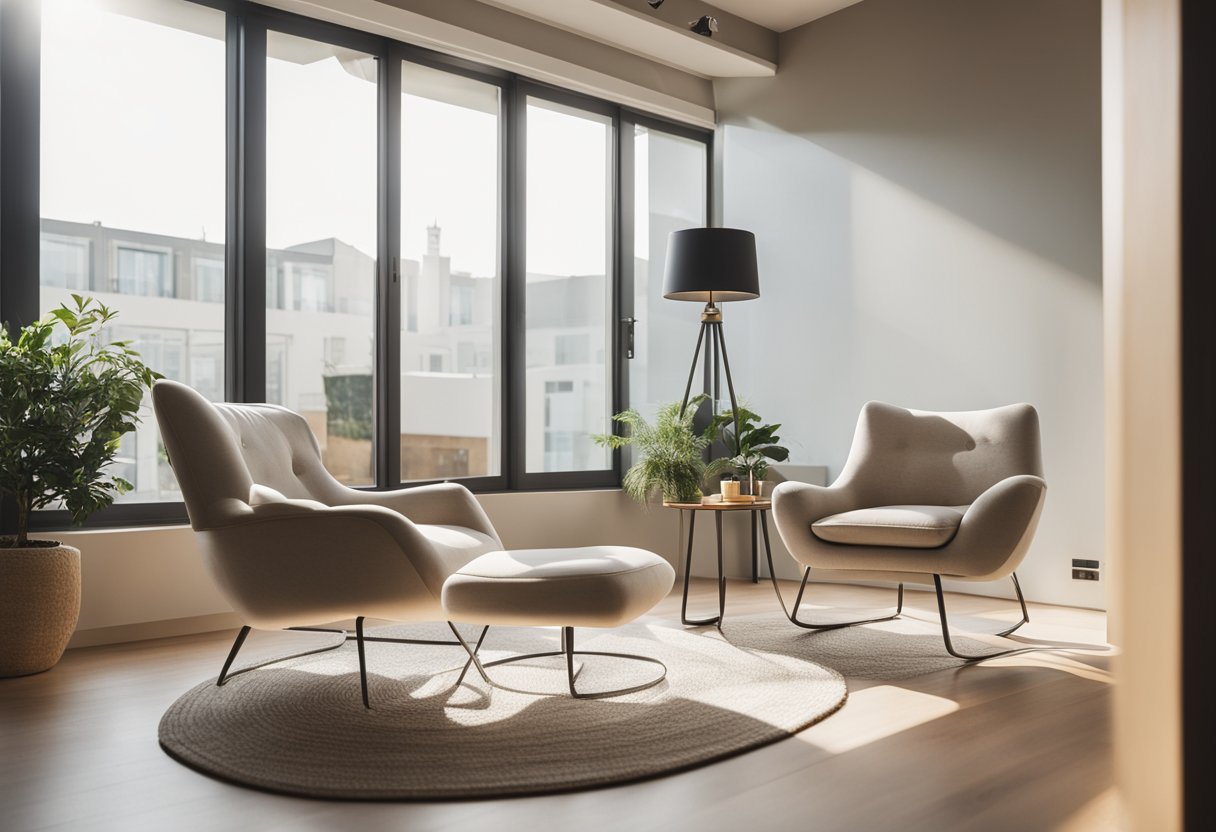 A bright, airy room with minimalist furniture, neutral colors, and natural light streaming in through large windows. A cozy reading nook with a comfortable chair and a small side table