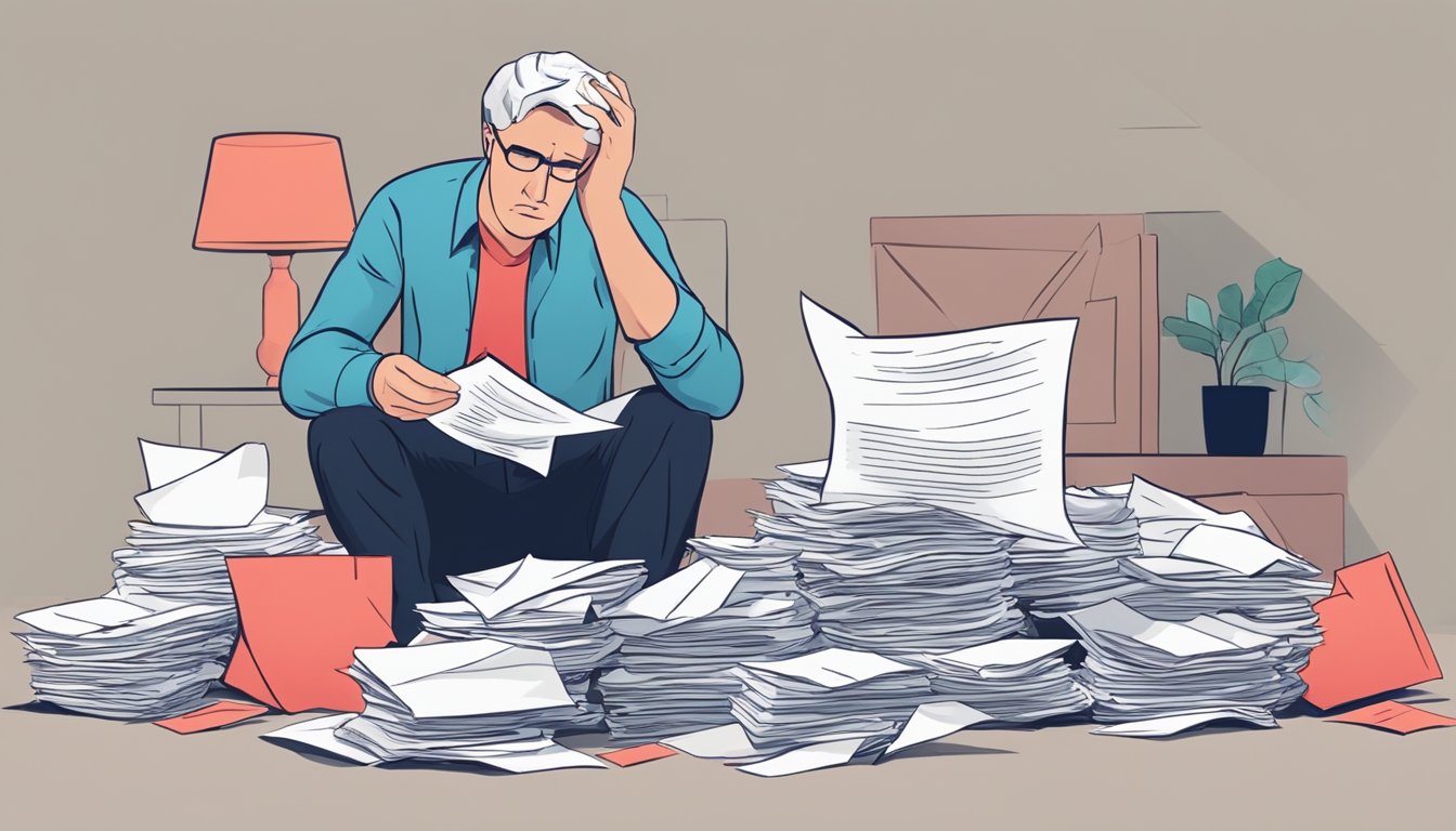 A pile of crumpled loan application papers surrounded by a red "rejected" stamp and a disheartened borrower looking at a denial letter