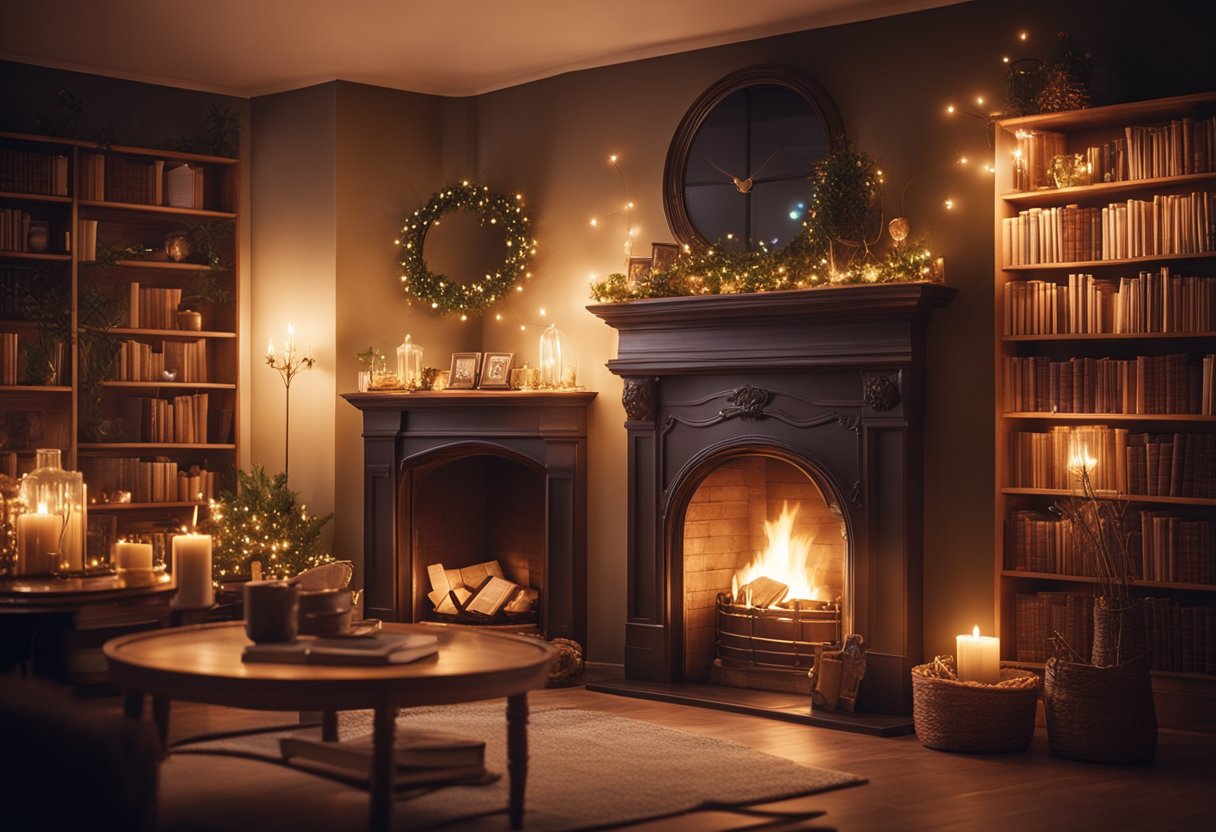 A cozy fairytale interior with whimsical furniture, twinkling lights, and a bookshelf filled with magical books. A fireplace crackles in the corner, casting a warm glow over the room