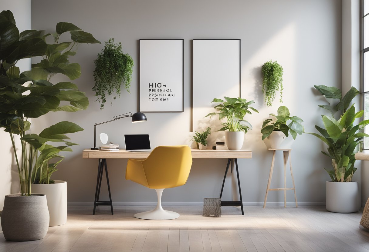 A bright, airy room with a cozy reading nook, a sleek desk, and vibrant accent colors. Plants and artwork add a personal touch to the modern, minimalist space