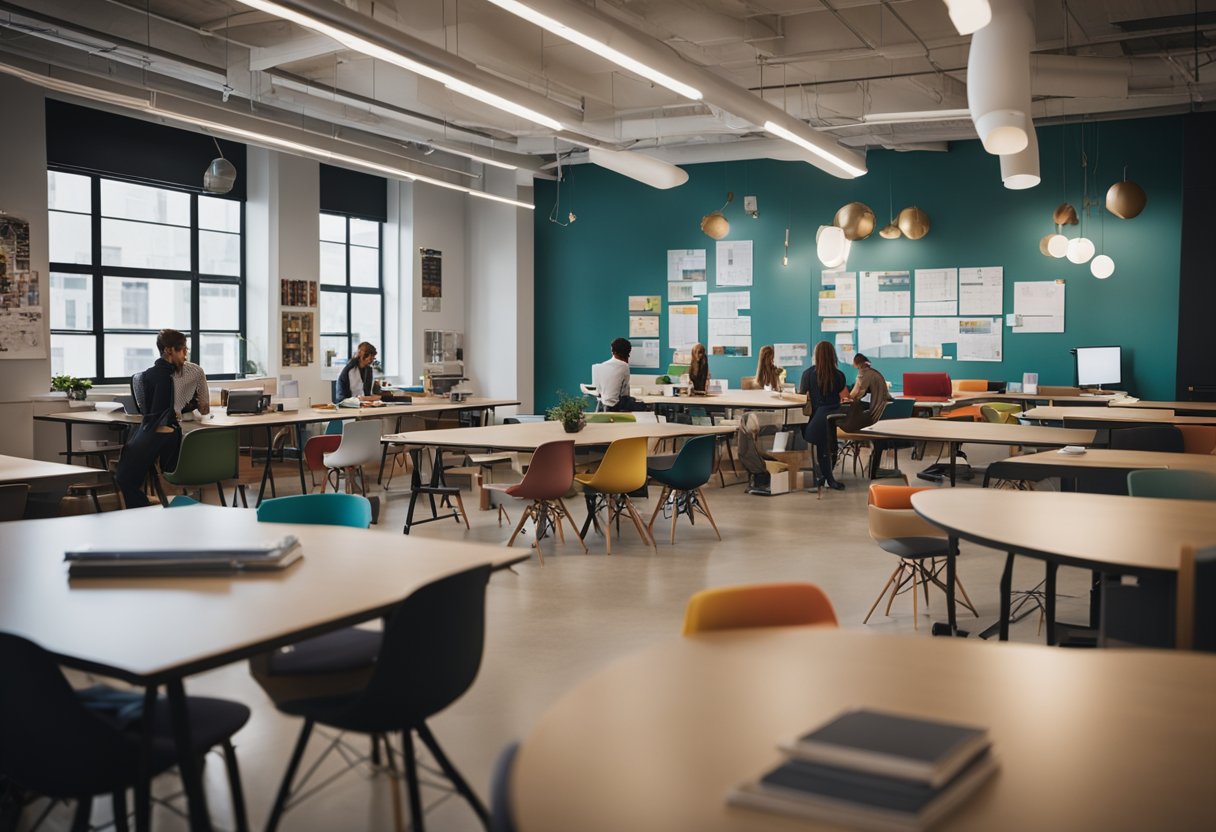 A bustling classroom filled with students sketching, drafting, and discussing design concepts. Colorful mood boards and fabric swatches cover the walls, while sleek furniture and stylish decor create an inspiring atmosphere