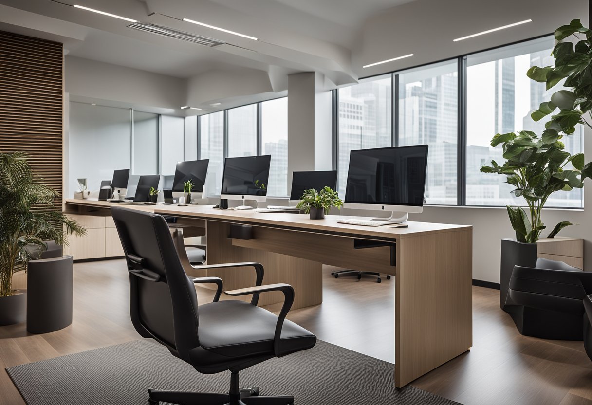 The trading office is sleek and modern, with a minimalist design. The room is bathed in natural light, highlighting the clean lines and sophisticated furniture. The color scheme is predominantly neutral, with pops of bold accent colors adding visual interest