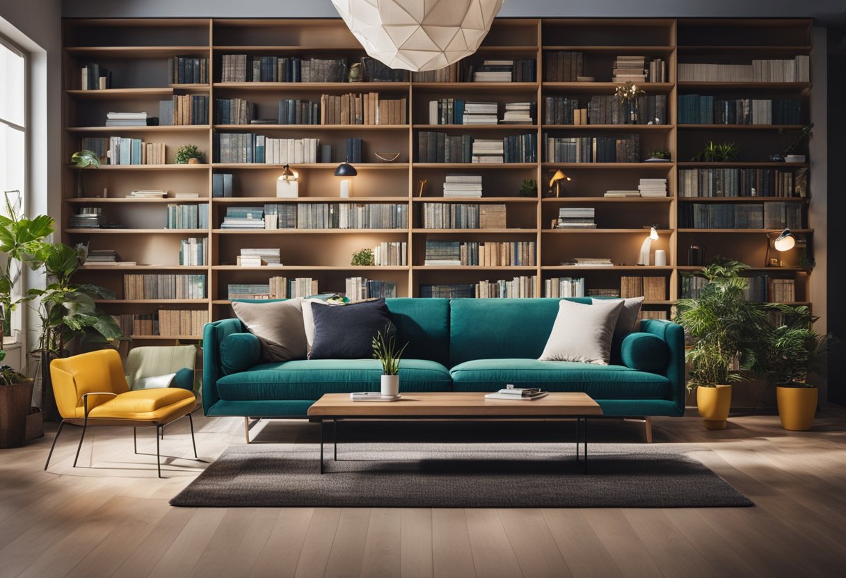 A cozy living room with a stylish sofa, coffee table, and vibrant wall art. A bookshelf filled with design books and a desk with a laptop for research