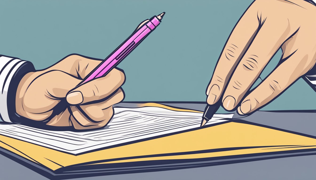 A hand holding a pen, signing a loan agreement document