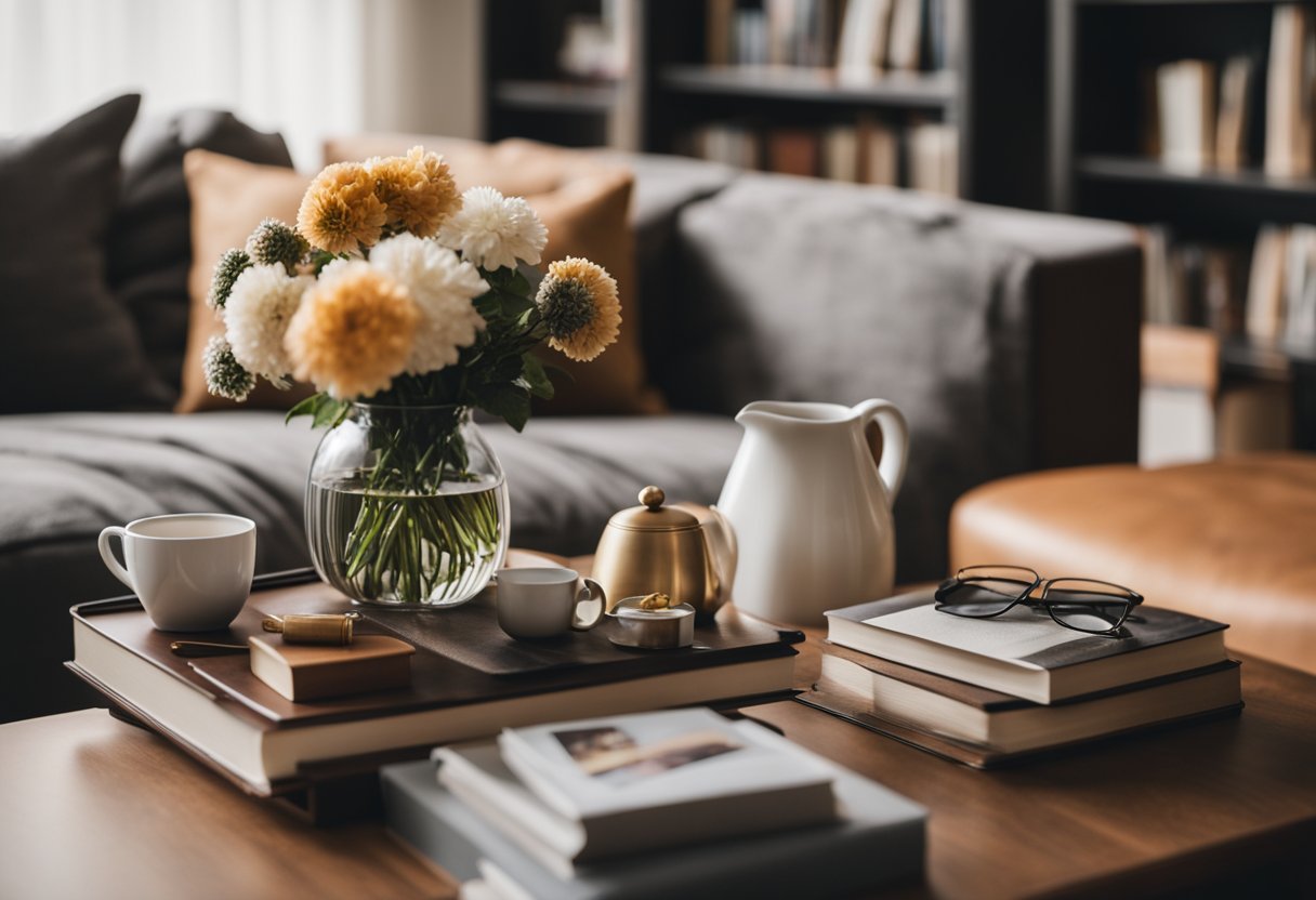 A cozy living room with a plush sofa, warm lighting, and a bookshelf filled with books and decorative items. A coffee table with a vase of flowers and a cozy throw blanket completes the inviting space