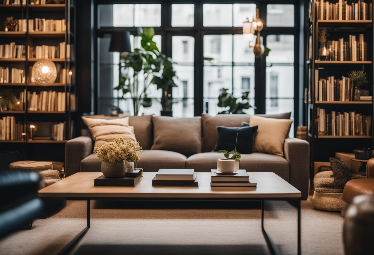 A cozy living room with a plush sofa, warm lighting, and a stylish coffee table. A bookshelf filled with books and decorative items adds personality to the space