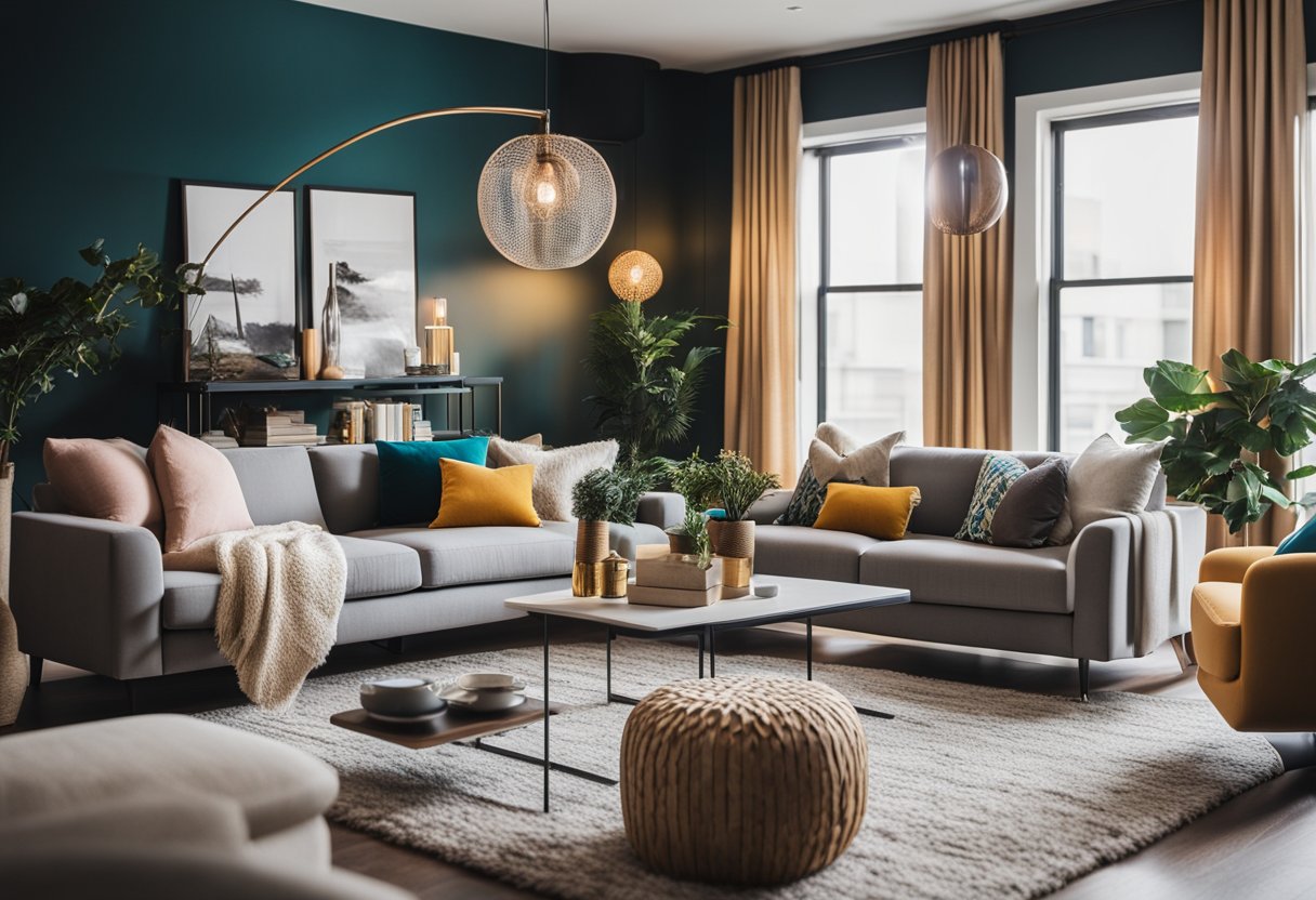 A cozy living room with a statement accent wall, modern furniture, and pops of color in the decor