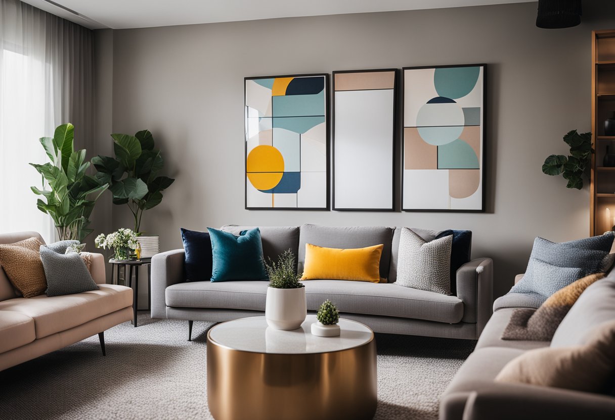 A cozy living room with modern furniture, warm lighting, and a pop of color in the form of accent pillows and artwork