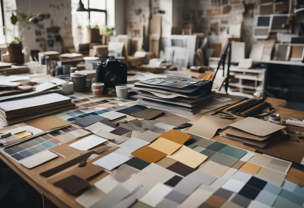 A cluttered studio with fabric swatches, paint samples, and design books scattered on a large work table. A mood board and sketches cover the walls